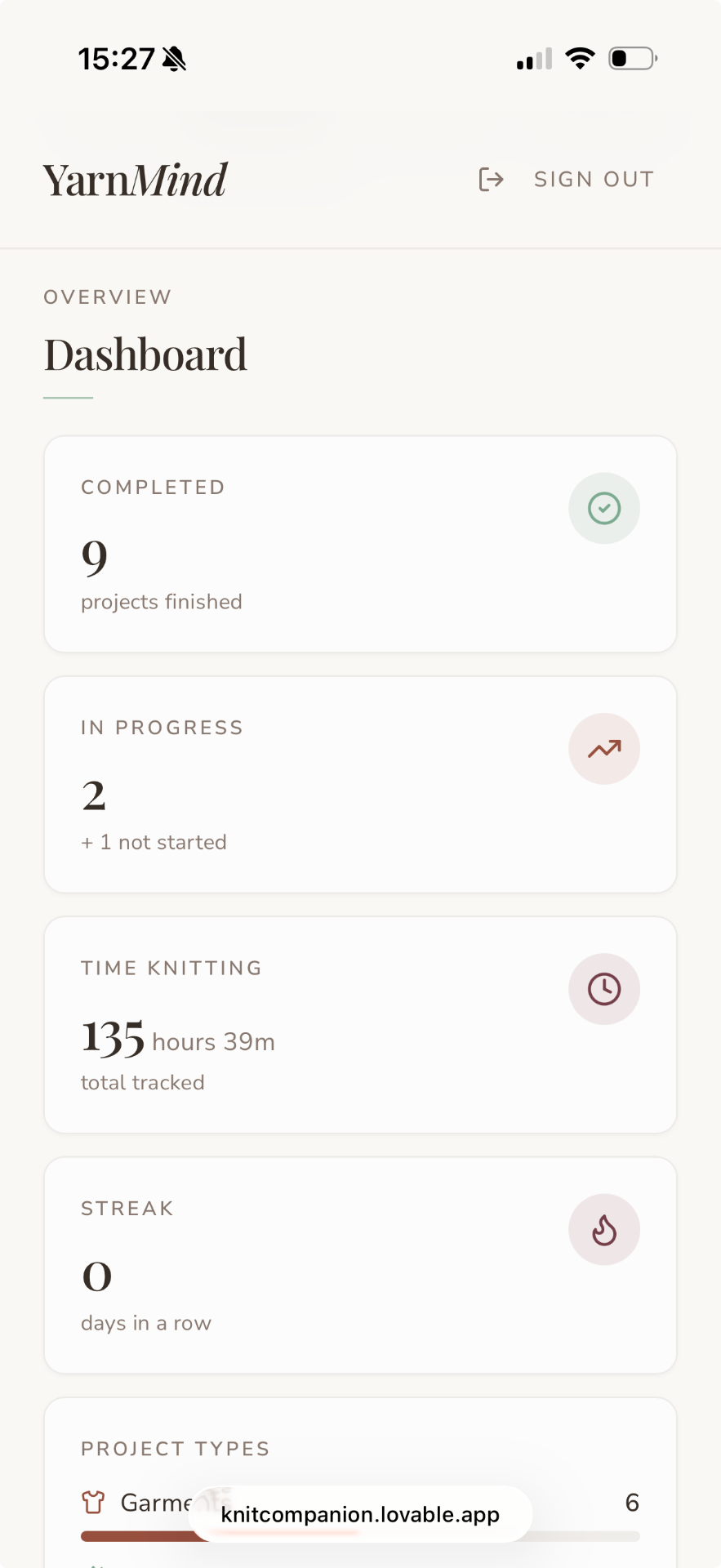 Knitting dashboard with completed projects, hours and streak