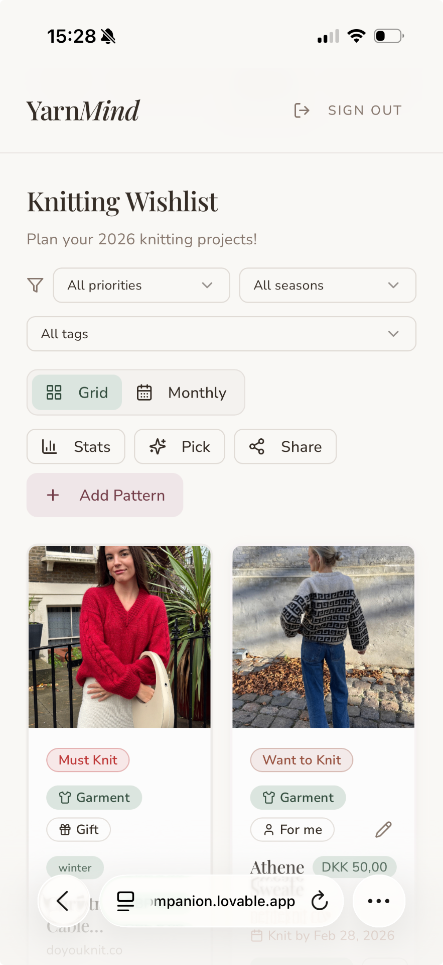 Knitting wishlist with tagged patterns and filters