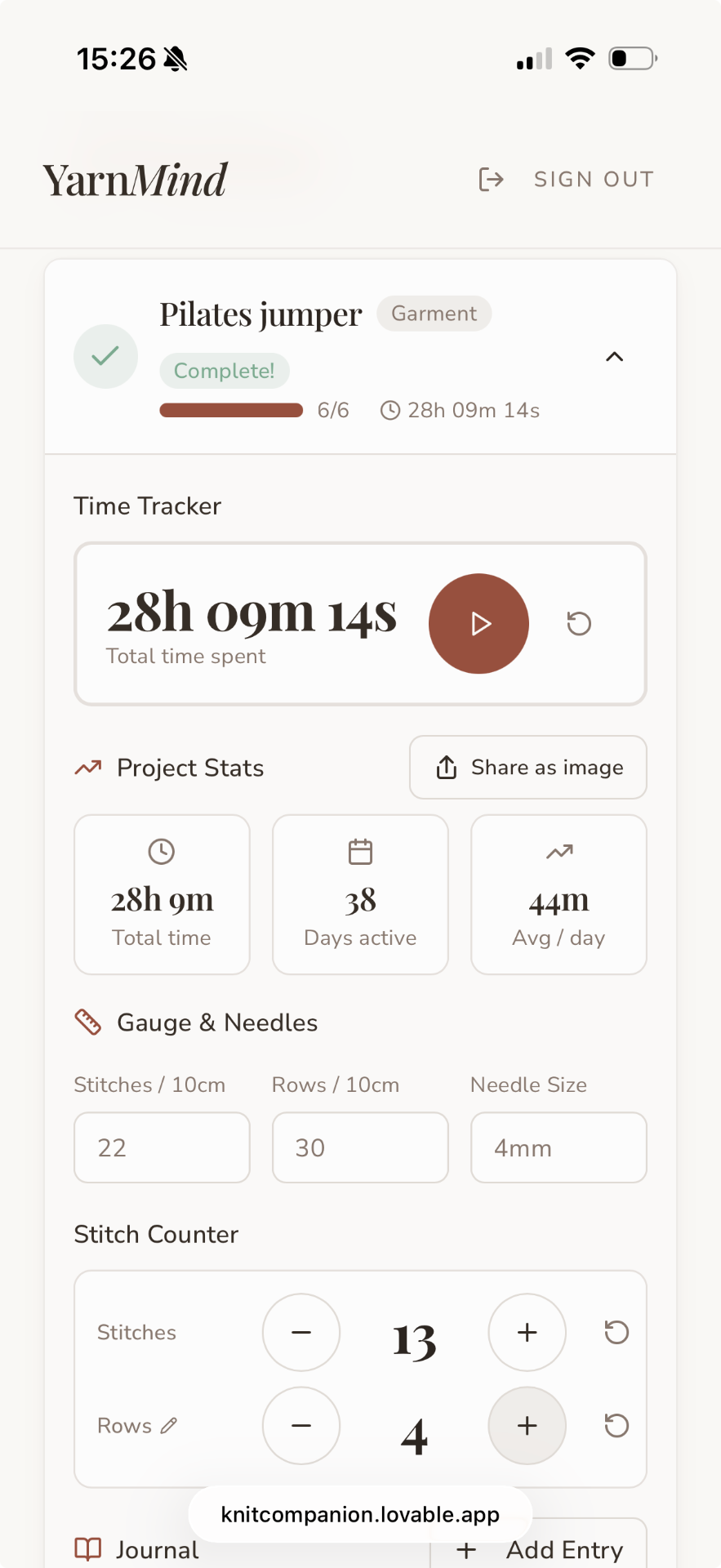 Project page showing time tracker, gauge and stitch counter